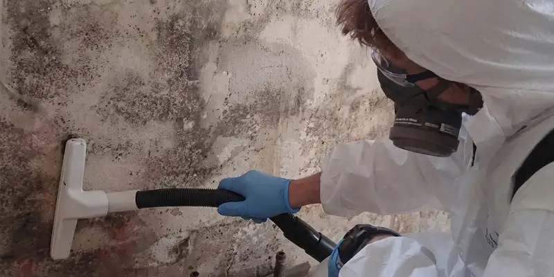 professional mold removal technician wearing protective equipment removing mold from a wall in Cape Coral, FL